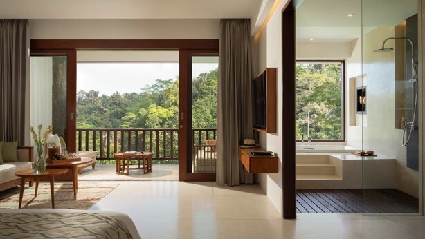 A modern hotel room with a balcony, a large window, a bathtub, and a television.
