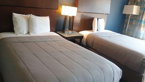 A hotel room with two beds, a nightstand with a lamp, and a large window with curtains. - Hotel Cartersville, GA (Cartersville)