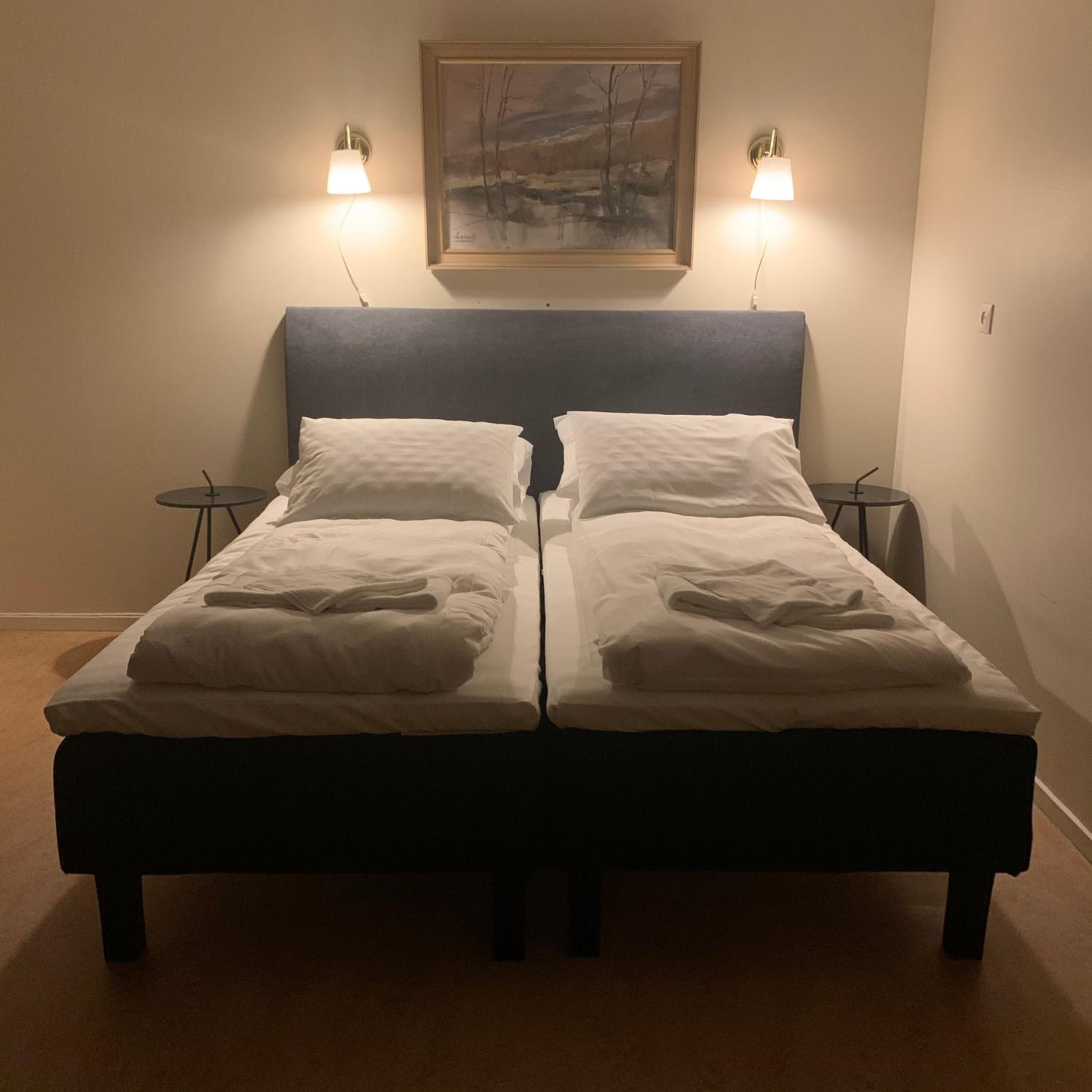 Cama doble con dos mesitas de noche, cada una con una lámpara, en una habitación con un cuadro en la pared.