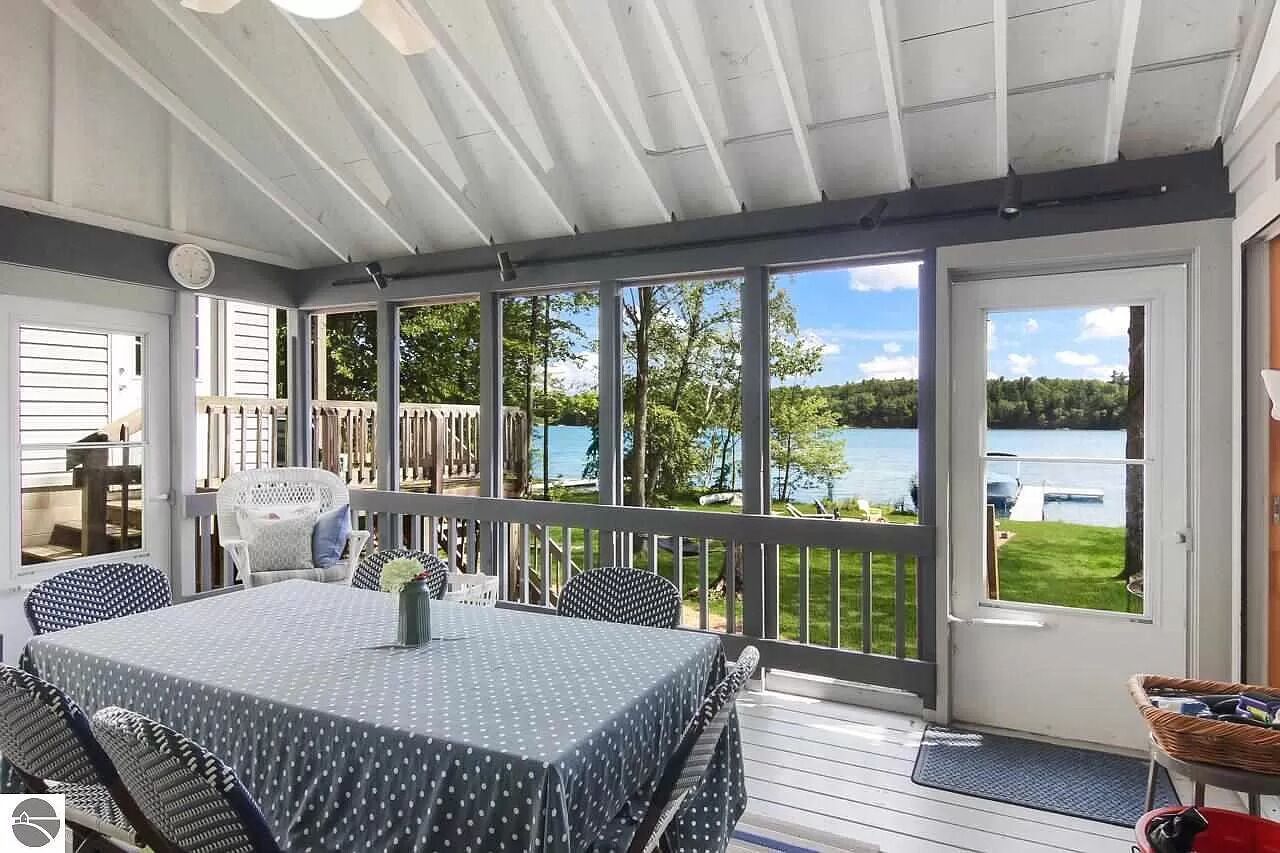 A covered outdoor deck with a table and chairs, overlooking a lake.