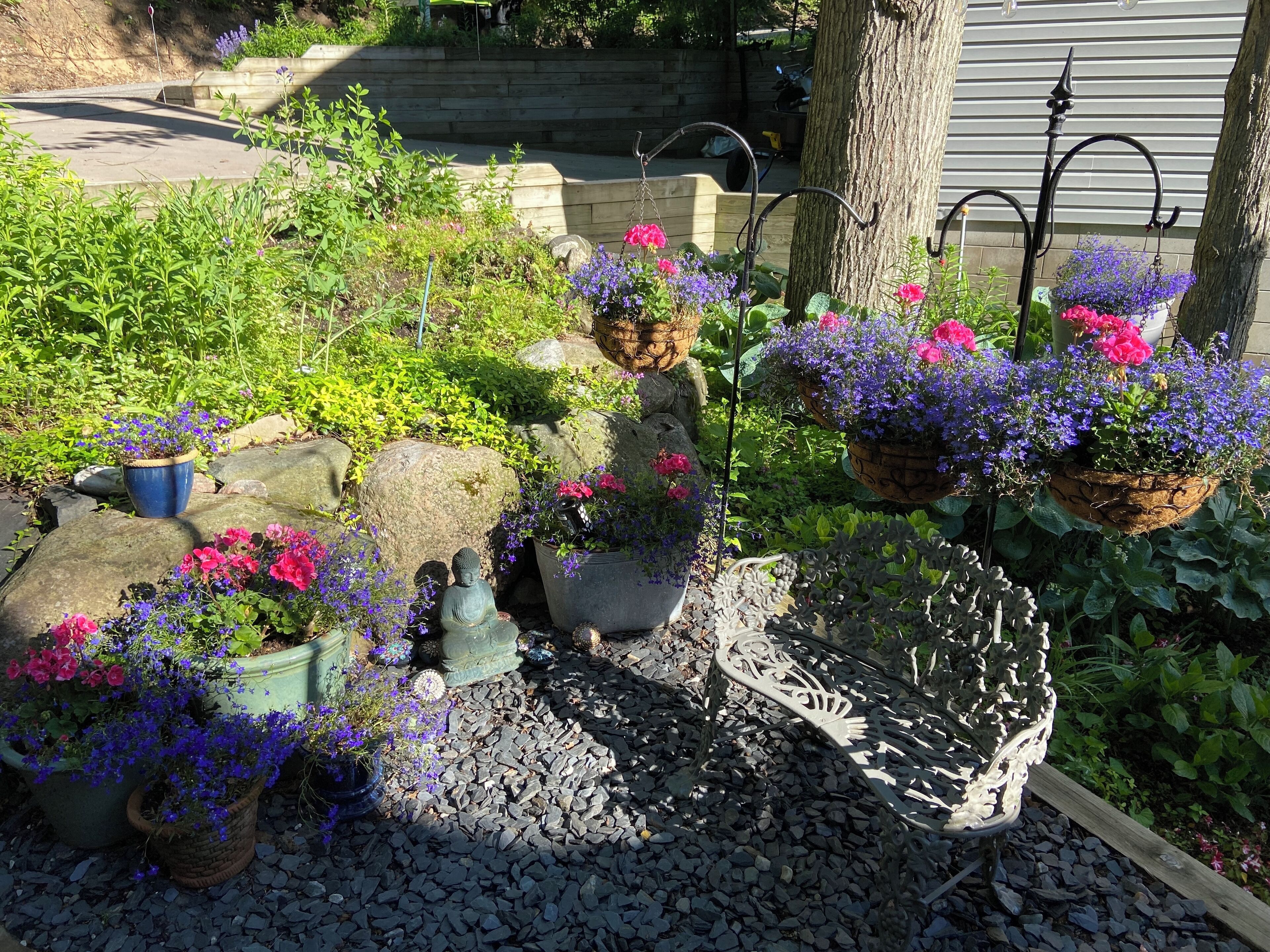 Ein Garten mit verschiedenen Blumentöpfen, einer Buddha-Statue und einer Metallbank.