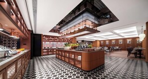 Una cocina moderna con una isla central, armarios de madera y un suelo estampado.