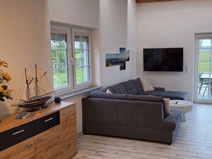 A modern living room with a grey sofa, a wooden cabinet, and a television on the wall. - For 8 guests: entire floor with a garden on the Peenestrom (Kröslin)