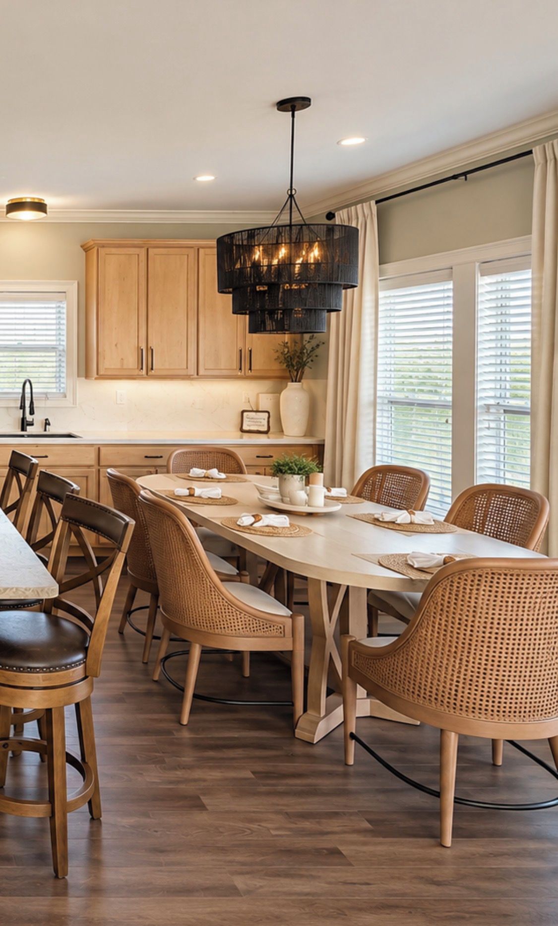 A dining area with a round table, wicker chairs, and a pendant light.