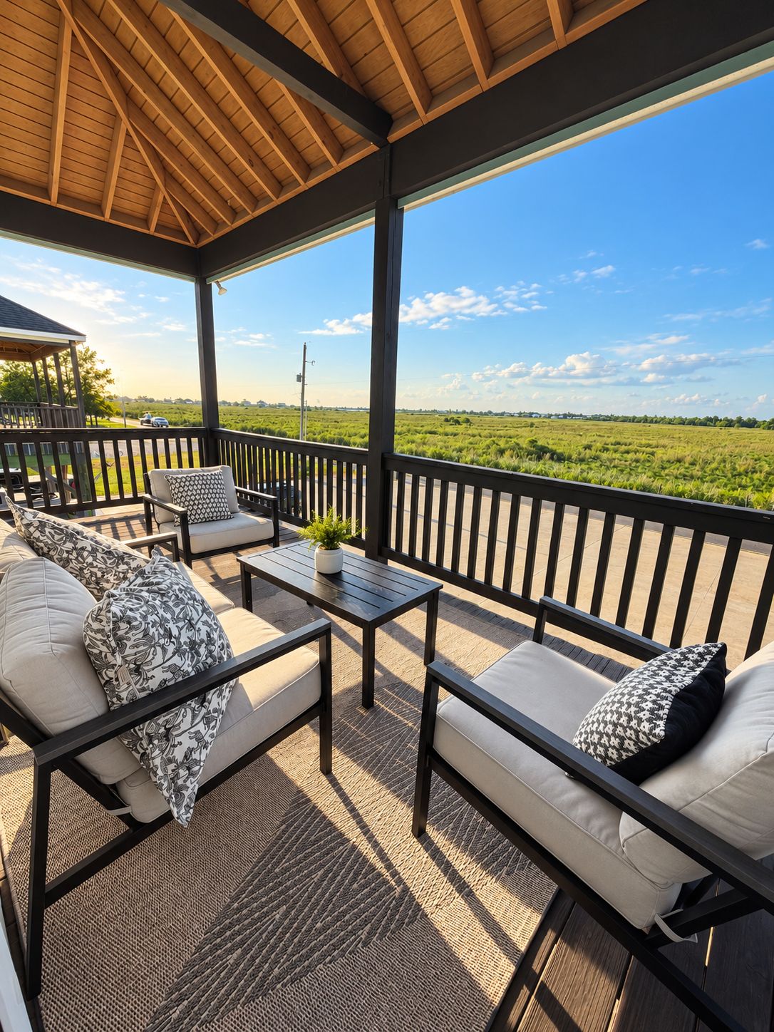 A covered outdoor seating area with a view of a green field.