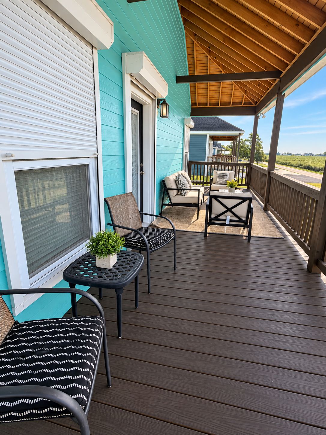 A covered porch with outdoor furniture, a sliding door, and a view of the landscape.