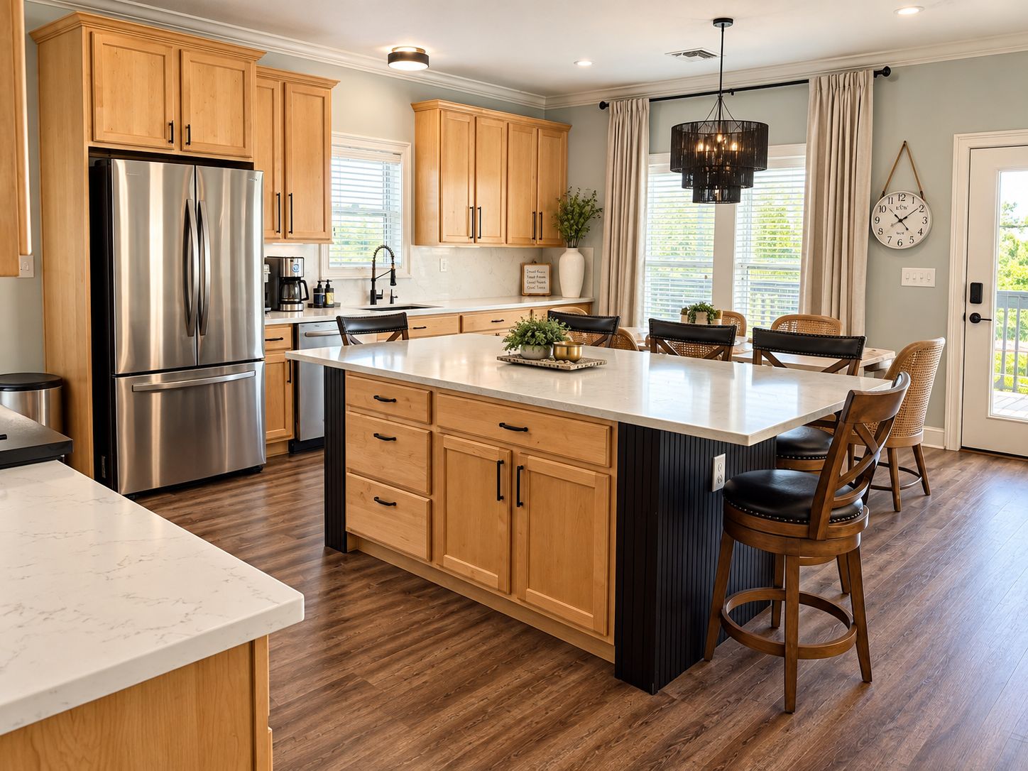 A modern kitchen with wooden cabinets, a stainless steel refrigerator, a large island with bar stools, and a pendant light.
