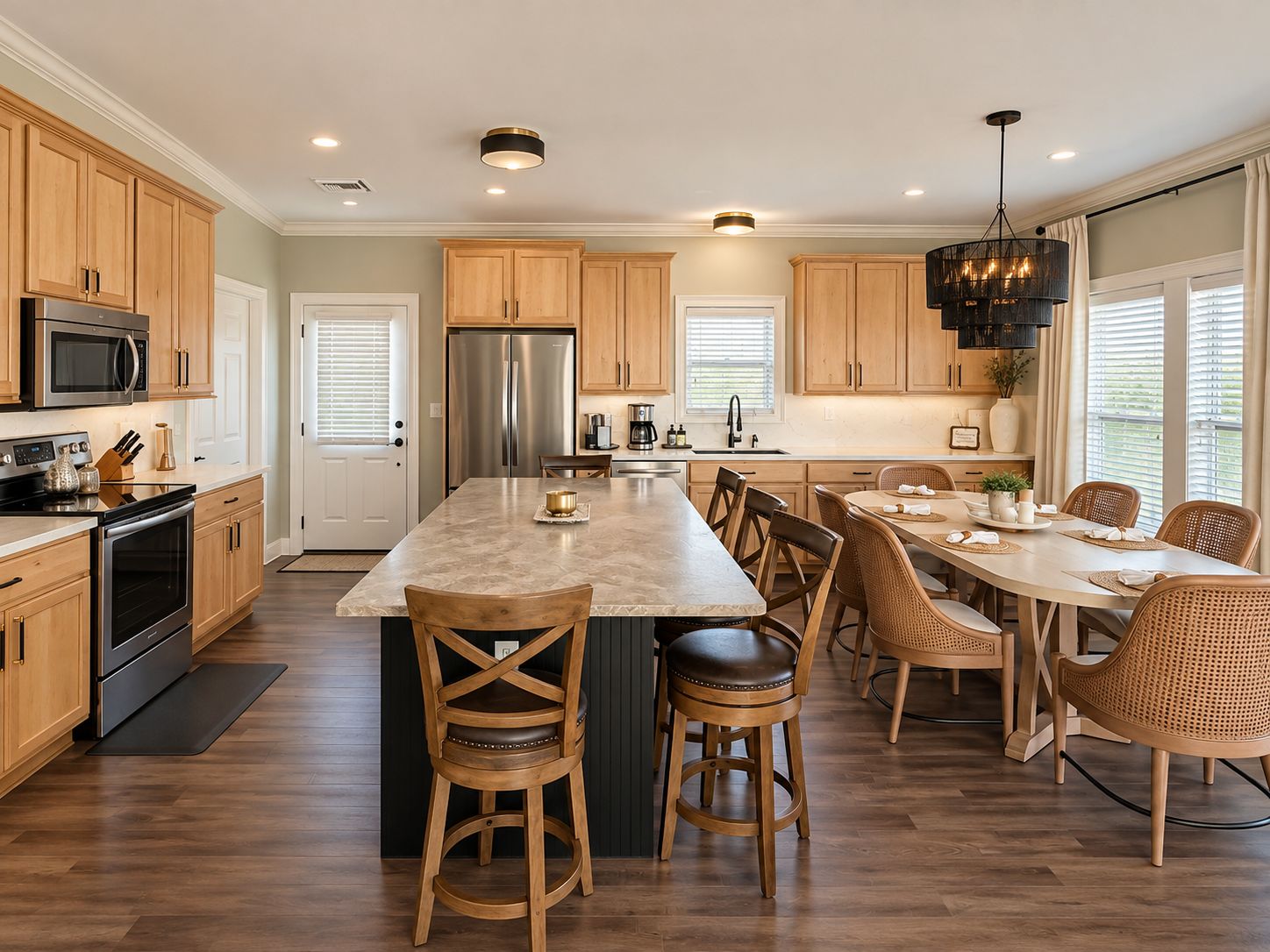 Una cocina moderna con armarios de madera, electrodomésticos de acero inoxidable, una isla central y un comedor con sillas de mimbre.