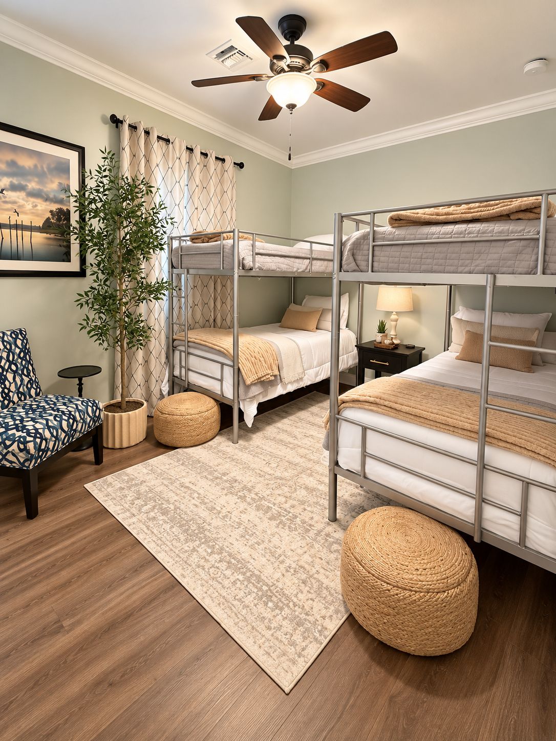 Une chambre avec un lit superposé, un ventilateur de plafond, un tableau encadré, une plante en pot, une chaise à motifs et un pouf en osier tressé.