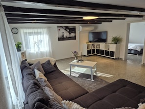 A modern living room with a sofa, coffee table, and a flat-screen TV. - Charmante Auszeit im historischen Fachwerkhaus (Rheinau)