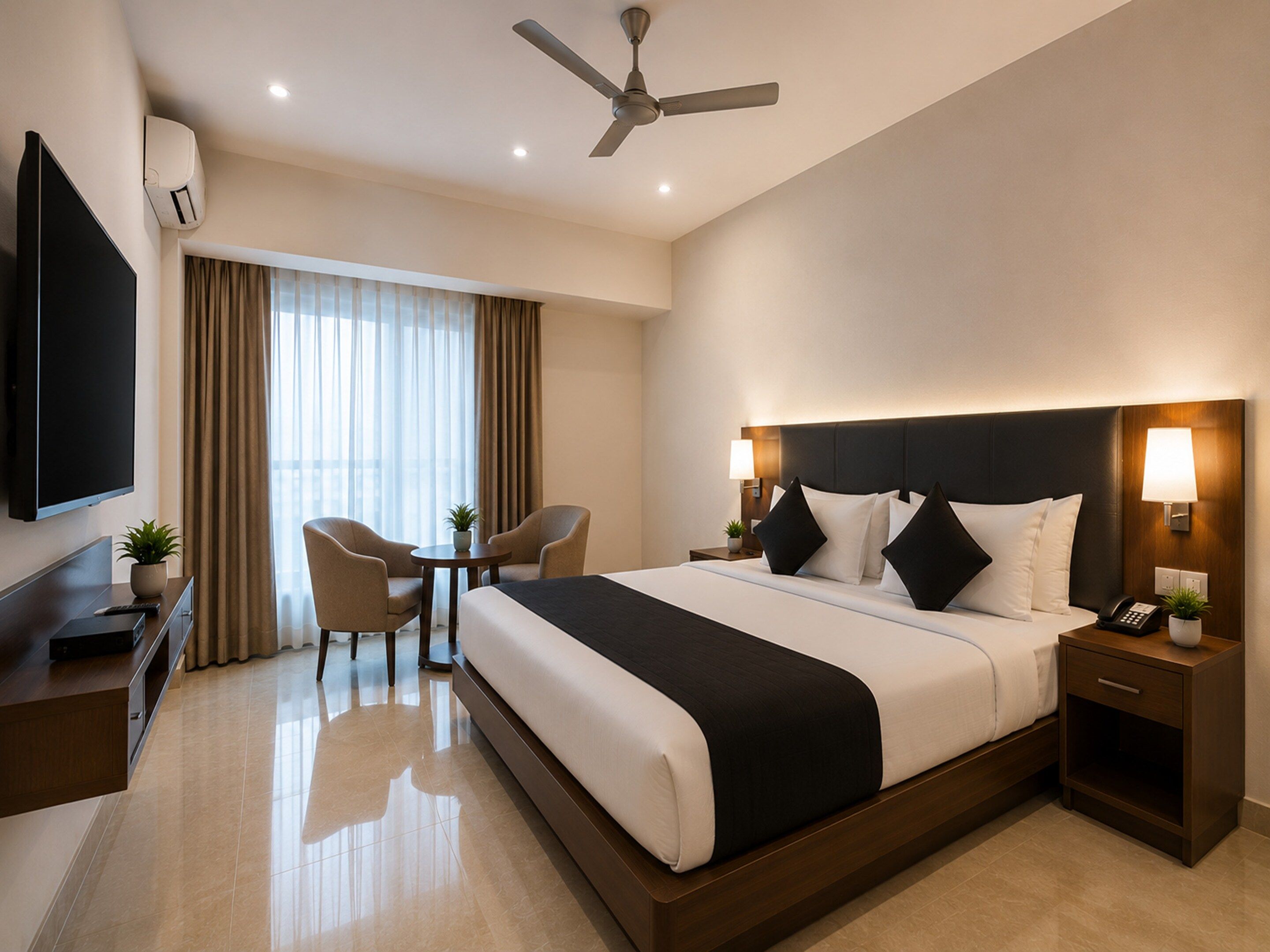 A hotel room with a large bed, a desk with a TV, a ceiling fan, and a window with curtains.