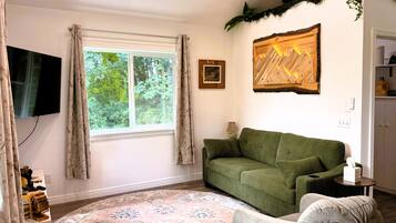 A living room with a green sofa, a grey armchair, a patterned rug, a flat-screen TV, and a window with curtains.