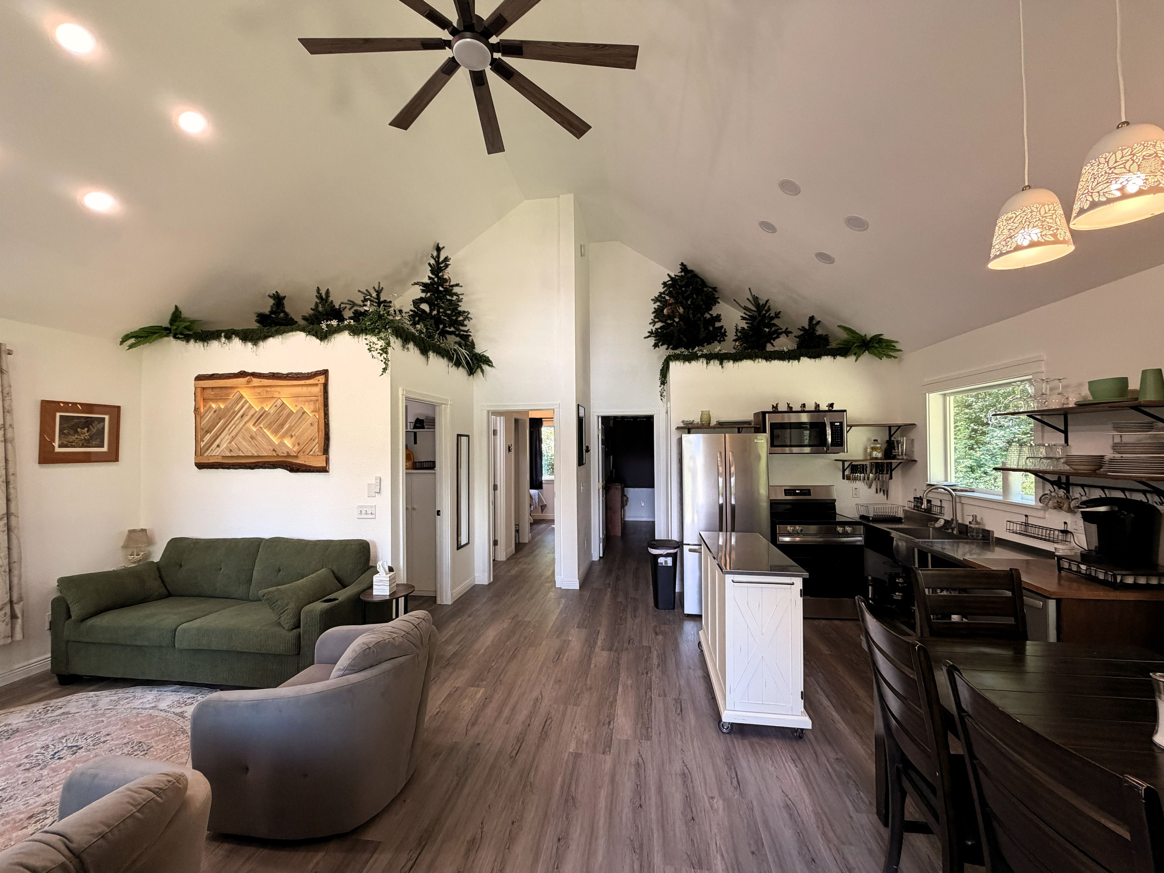A spacious living area with a green sofa, a dining table, and a kitchen with modern appliances.