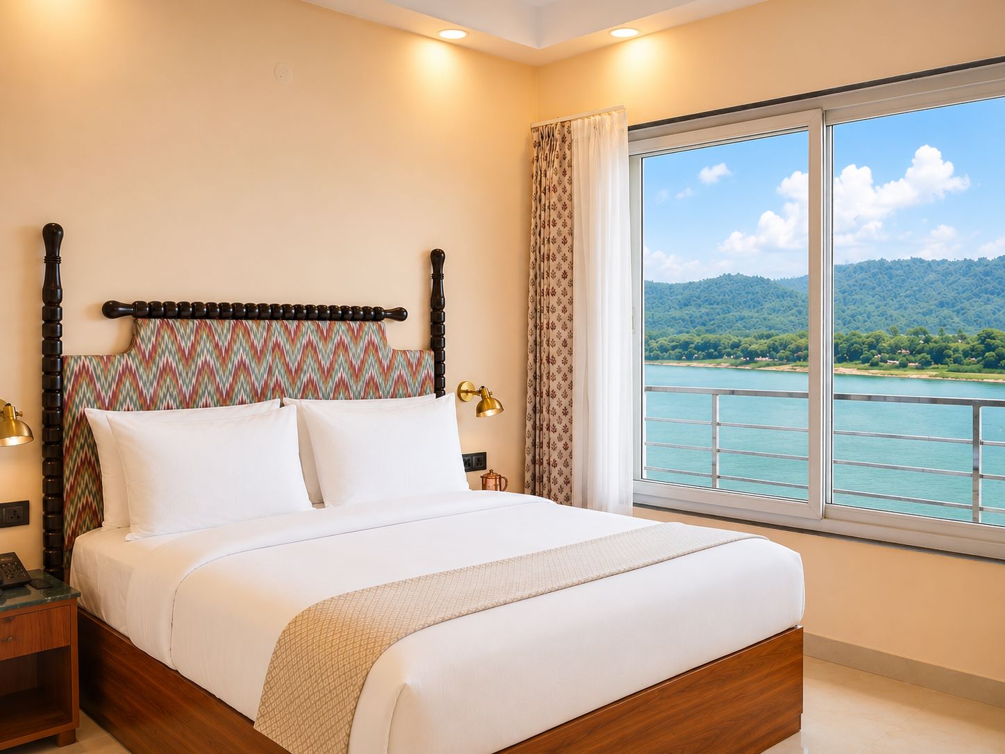 A hotel room with a bed, a nightstand, a lamp, a window with a view of a lake and mountains.
