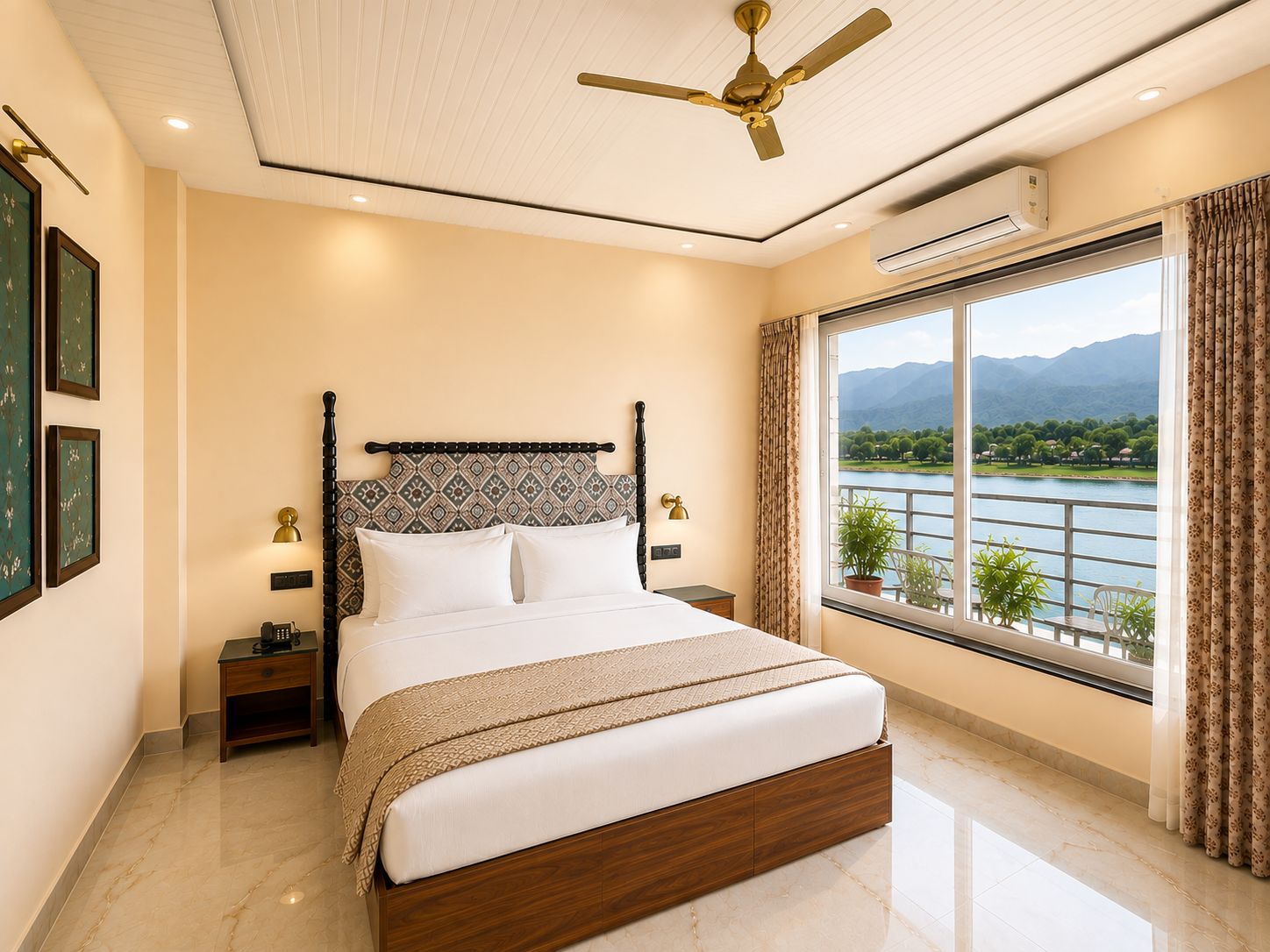 Ein Schlafzimmer mit Bett, Nachttischlampen, Deckenventilator, Klimaanlage, einem Fenster mit Blick auf einen See und Berge sowie einem Nachttisch mit Telefon.