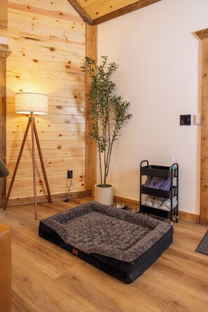 A cozy room with a wooden floor, a bed, a lamp, a plant, and a pet bed. - 2 Kings | Hot Tub • Sauna • Firepit • EV • Dogs OK (Zoe)