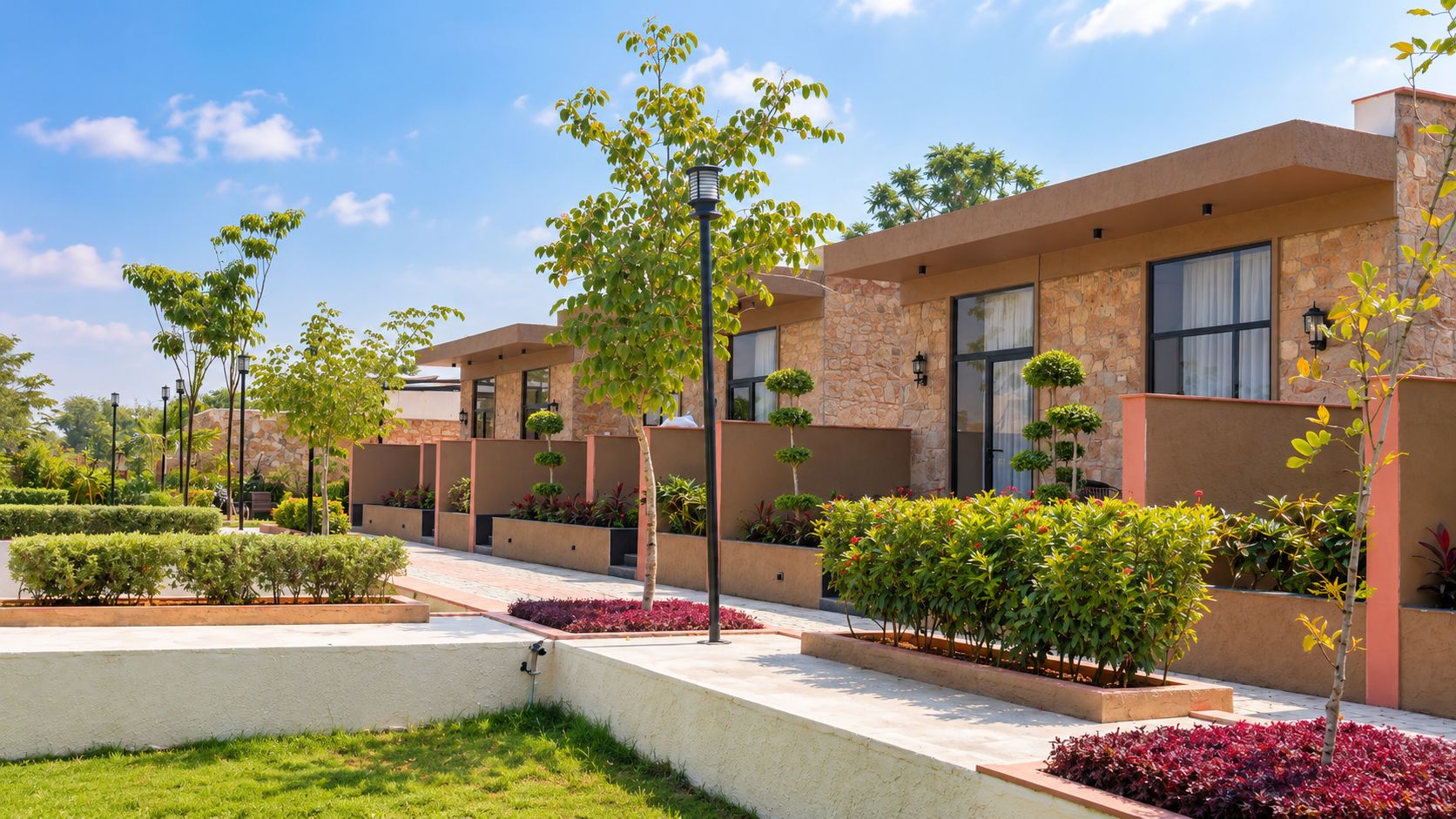 A modern building with multiple windows and a well-maintained garden with various plants and a pathway.