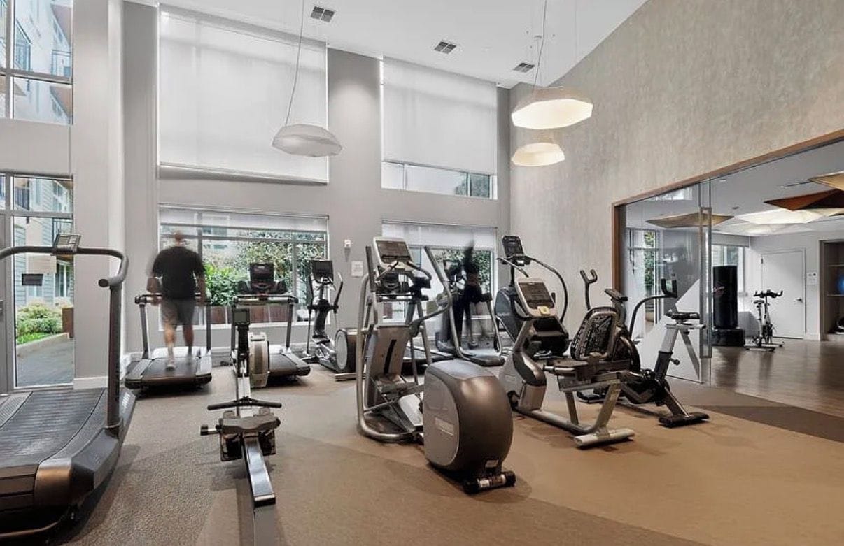 A gym with various cardio machines, large windows, and a high ceiling.
