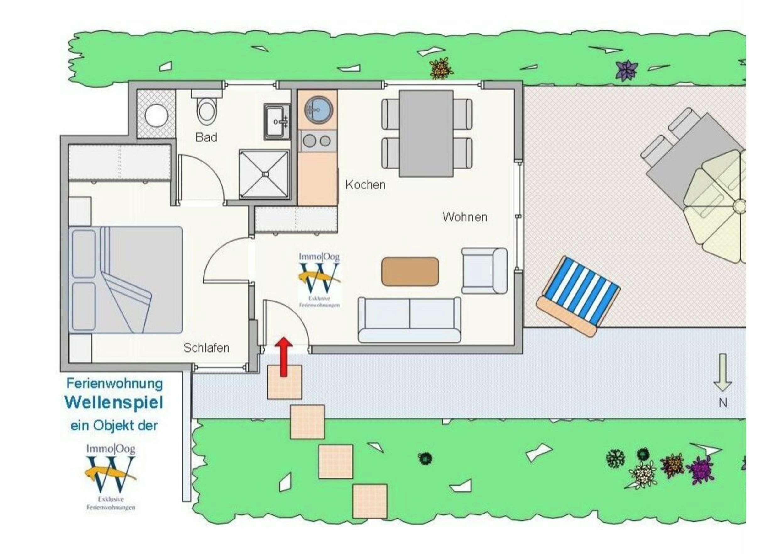 A floor plan of a property with a kitchen, dining area, living room, and a separate sleeping area. There is a designated outdoor area with a pool and a garden.