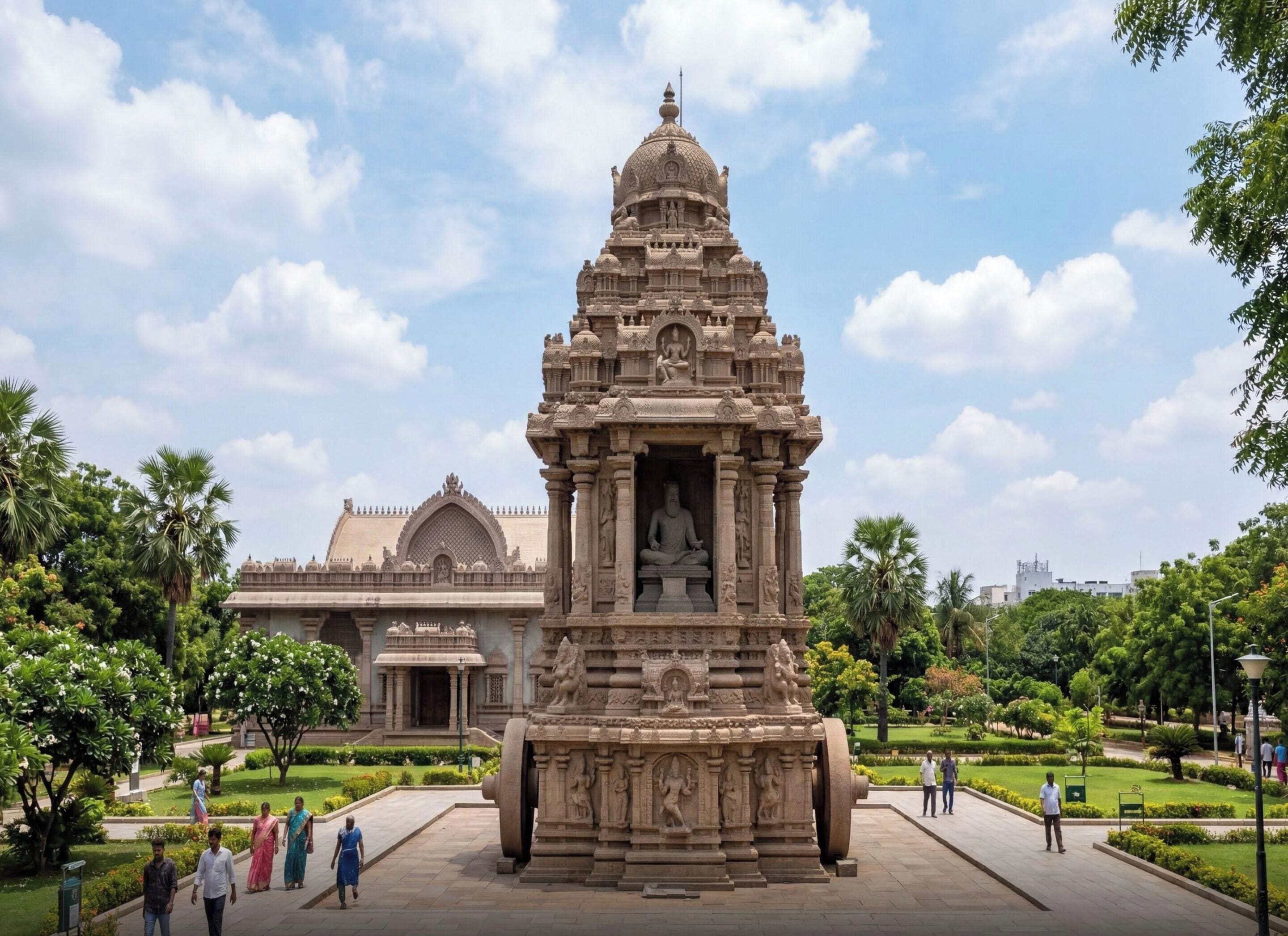 A temple with a central statue, surrounded by a well-maintained garden and a large building in the background.