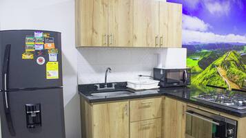 A kitchen with wooden cabinets, a black refrigerator, a microwave, a sink, and a stove.