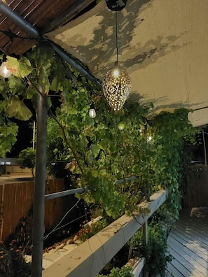 A covered outdoor area with a pergola structure, climbing plants, and hanging decorative lights.