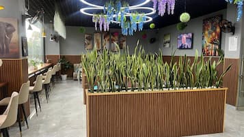 A modern interior with a long wooden reception desk, multiple seating areas, and decorative hanging plants.