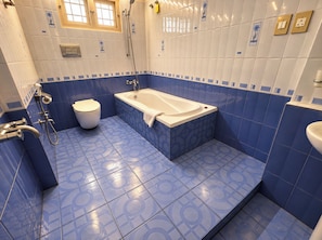 Ein Badezimmer mit Badewanne, Toilette und Dusche.