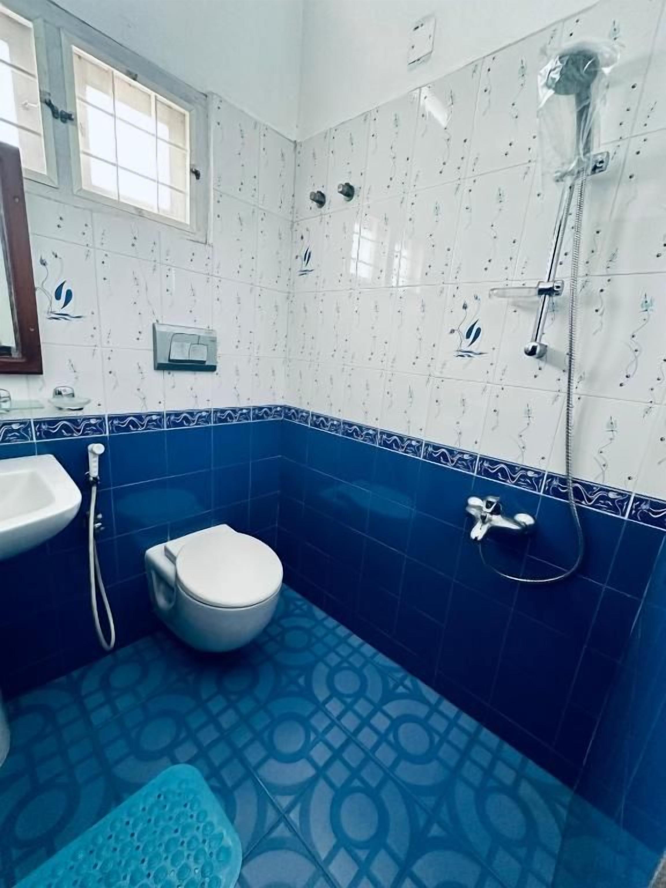 Een badkamer met toilet, wastafel en douche.