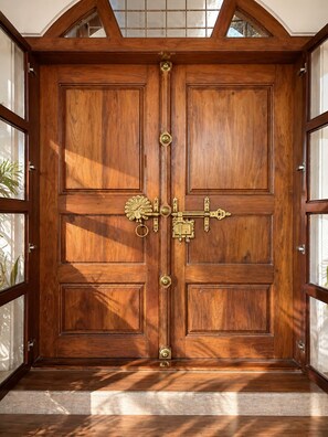 A large wooden double door with a brass handle and a decorative keyhole.