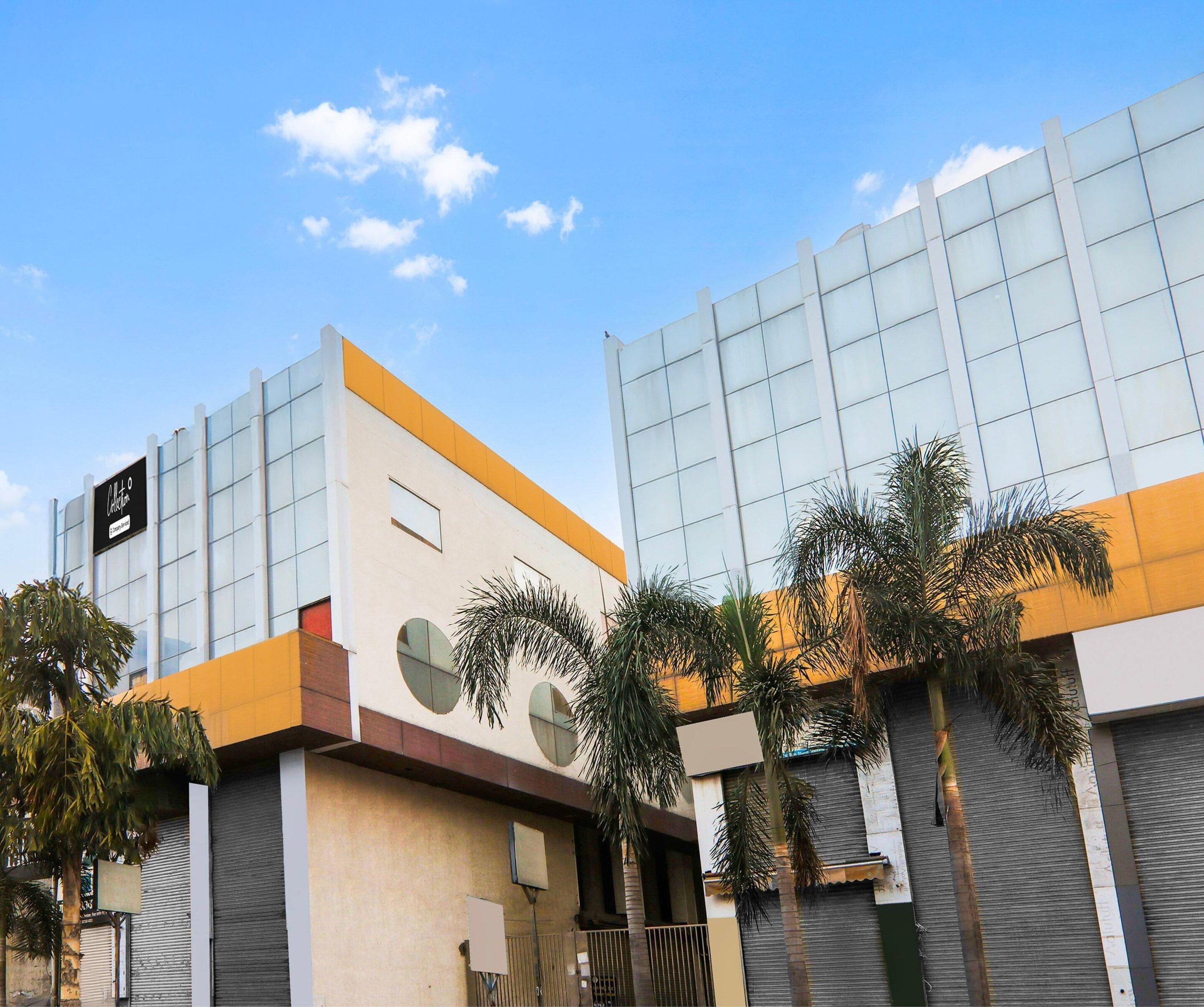 A modern building with large windows and a flat roof, surrounded by palm trees.