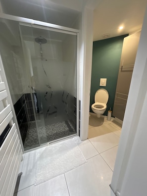 Un bany amb plat de dutxa tancat per vidre, vàter i un lavabo.