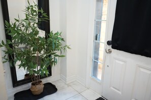Una porta blanca amb una finestra, un estri de peu negre i una planta en test.