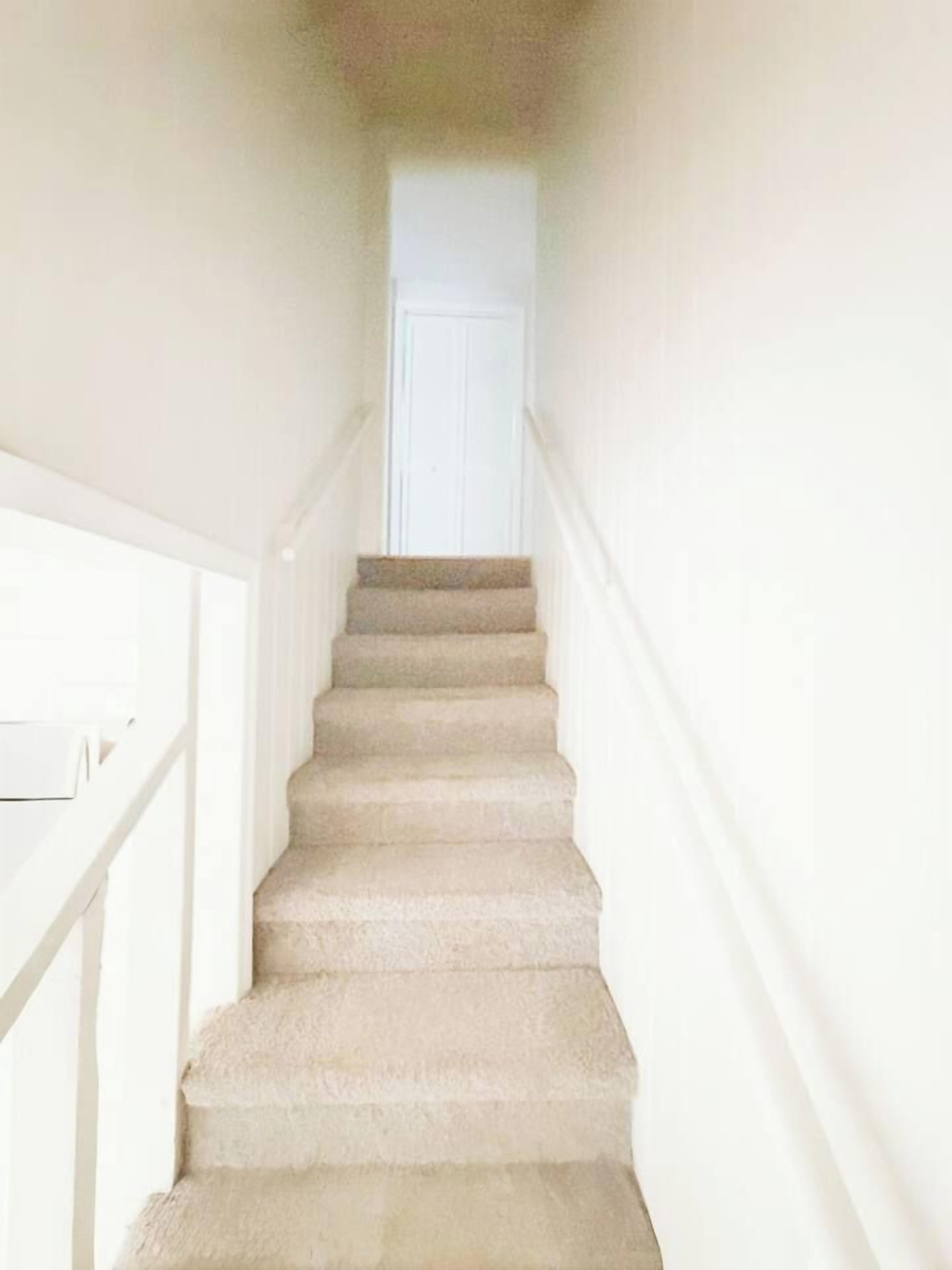 A staircase with a white railing leading to a door at the top.