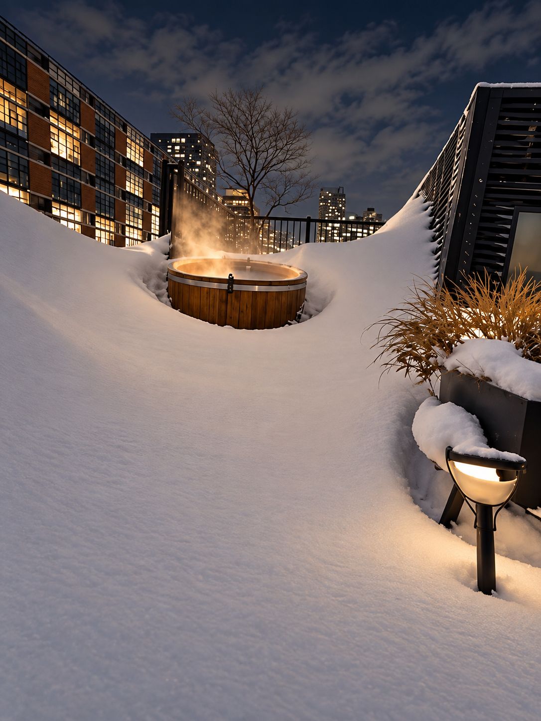 A snow-covered outdoor area with a wooden hot tub and a metal bowl, surrounded by buildings.