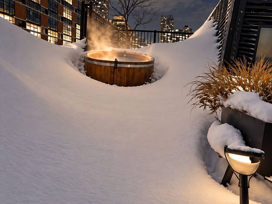 A snow-covered outdoor area with a wooden hot tub and a metal bowl, surrounded by buildings.