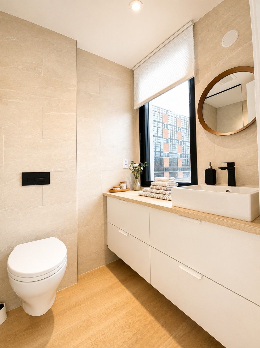 Ein modernes Badezimmer mit Toilette, Waschtisch und einem Fenster mit Blick auf ein Gebäude.