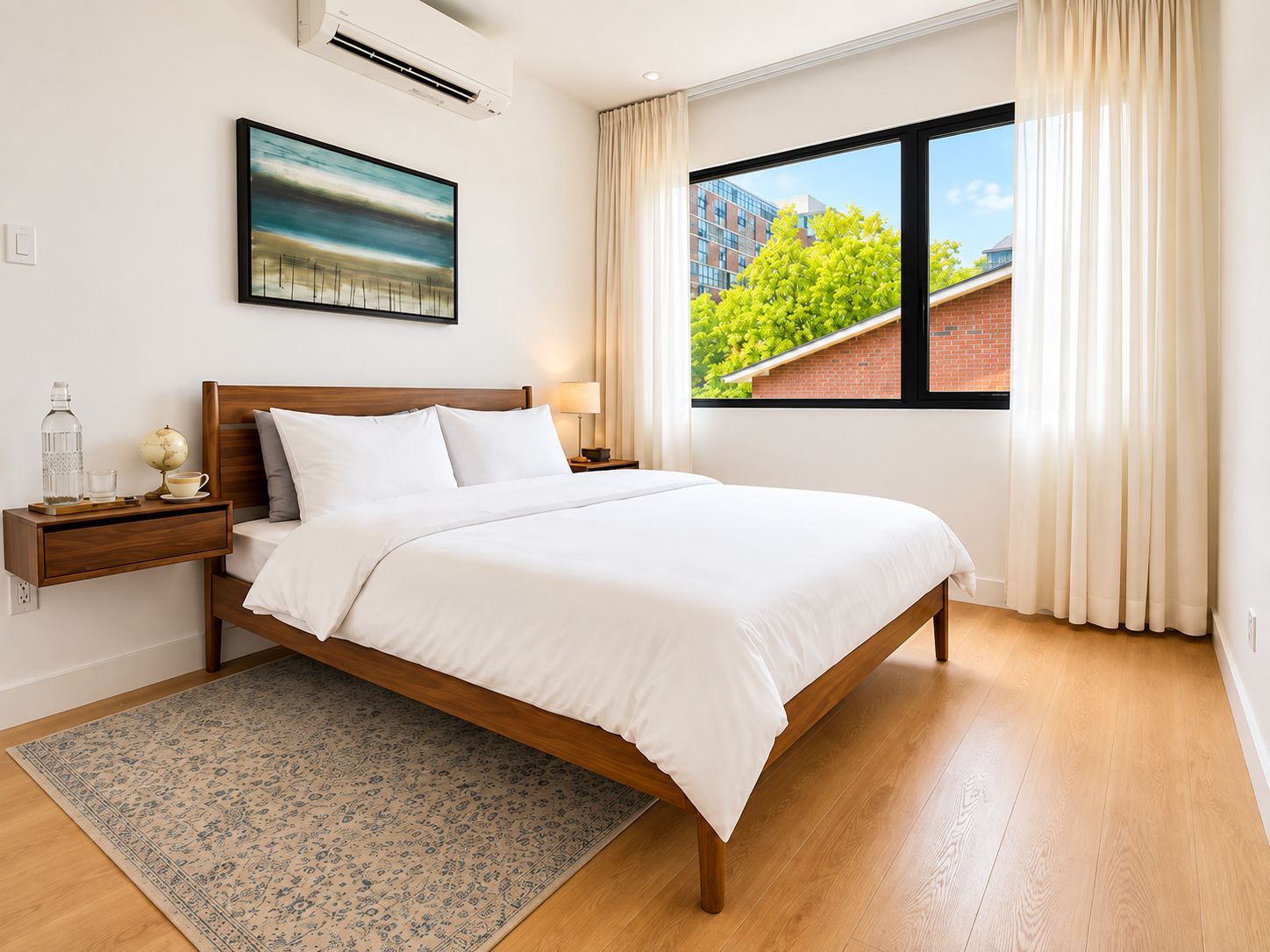 A hotel room with a large bed, a nightstand, a globe, a lamp, and a window with a view of buildings and trees.