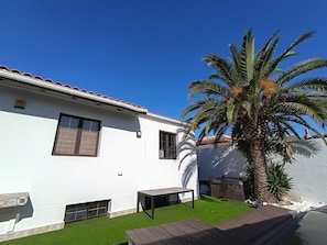 A white building with a tiled roof, a palm tree, and a small pool.
