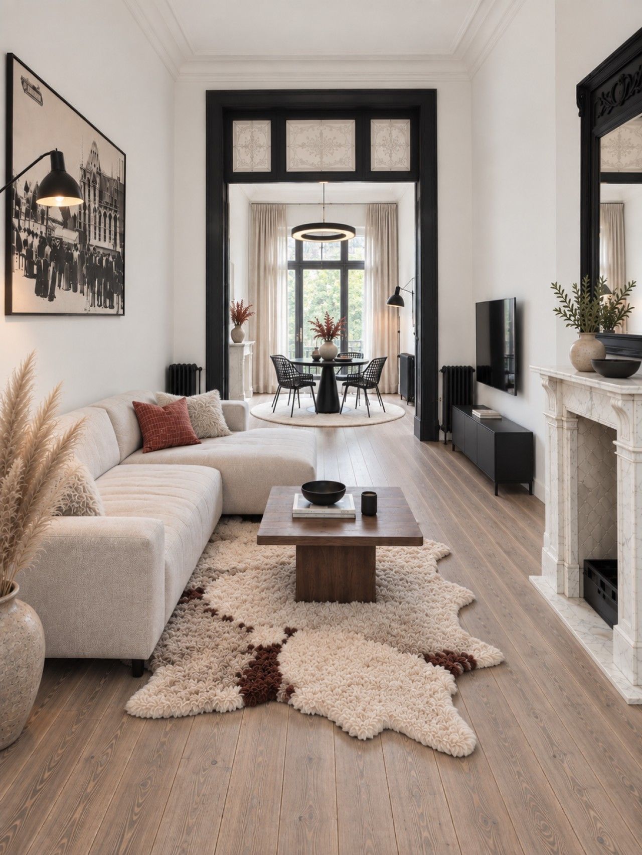 Un salon moderne avec un canapé, une table basse et une cheminée. On y trouve également un coin repas avec une table et des chaises, ainsi qu’une grande fenêtre avec des rideaux.