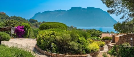 Un sendero de piedra que conduce a un exuberante jardín con vista a una montaña y al mar.