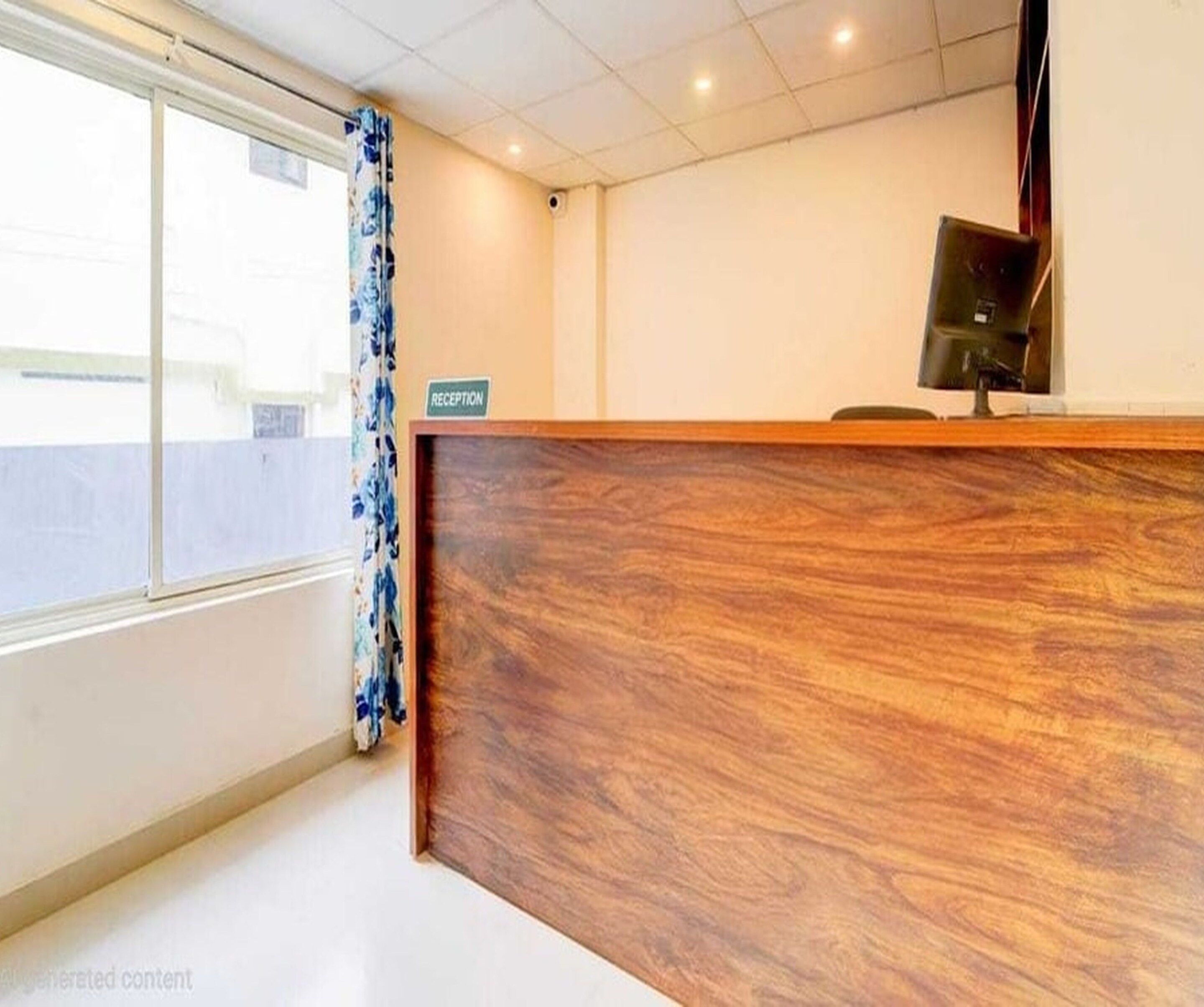 Una reception con un cartello, una finestra con tende e un soffitto con illuminazione a incasso.
