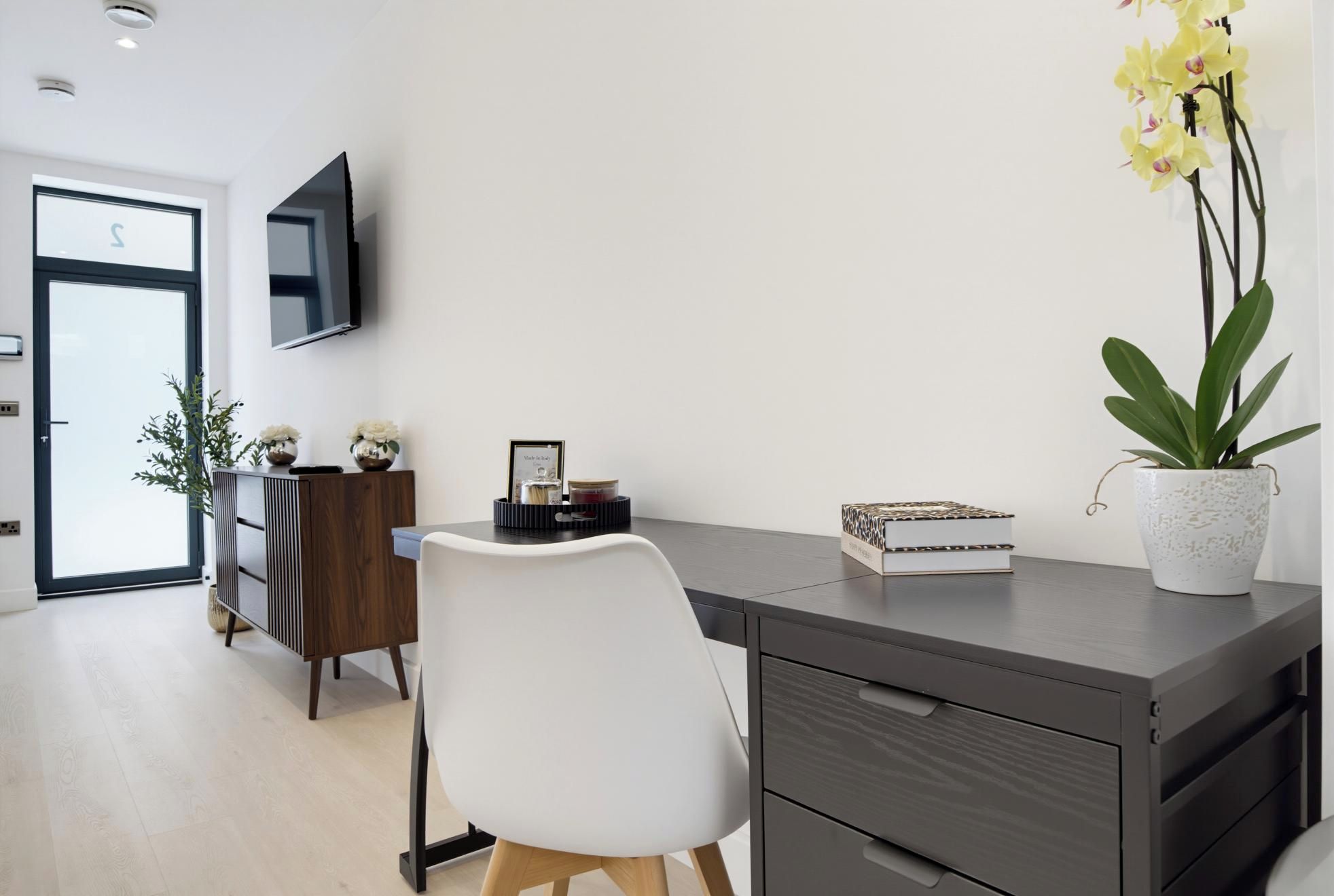 Un espacio de oficina moderno con un escritorio, una silla y plantas en macetas.