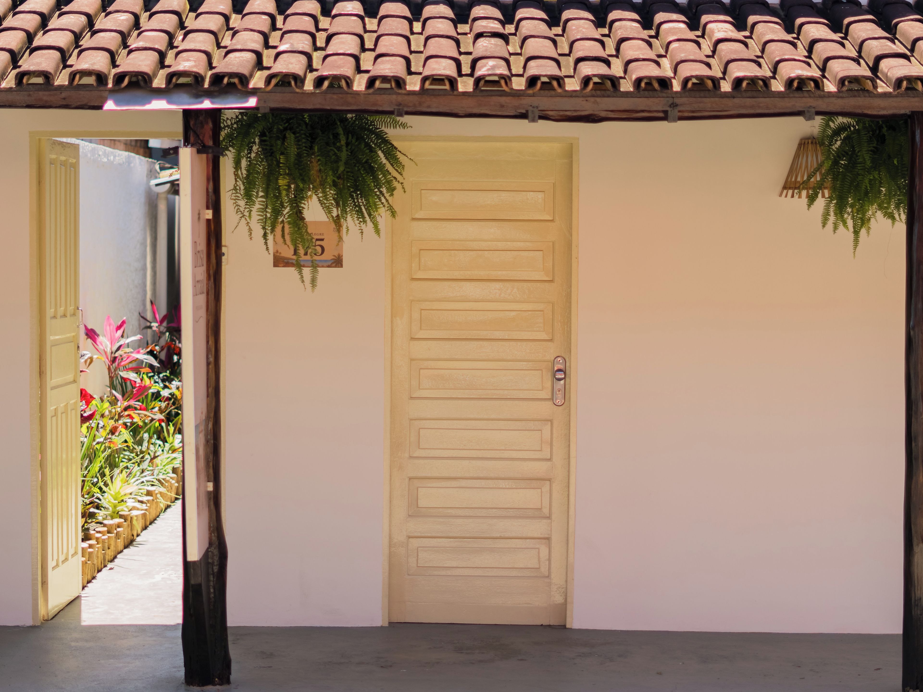 A closed door with a number plaque, a tiled roof, and a plant hanging over the door.