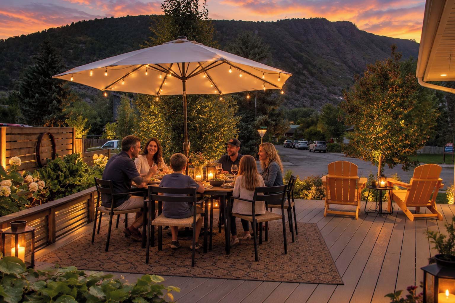 A group of people dining at an outdoor table with a large umbrella, surrounded by wooden deck and potted plants, with a mountainous backdrop.
