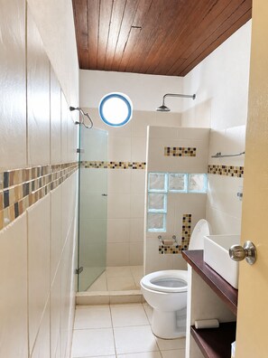 Ein Badezimmer mit Dusche, Toilette und einer Duschkabine aus Glas.