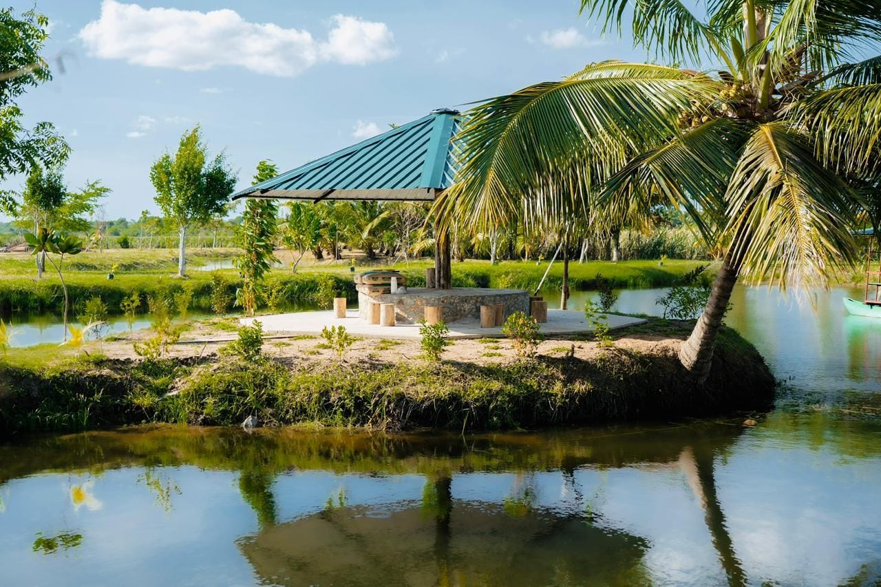 Un entorno tranquilo a orillas del río con una pequeña construcción de techo inclinado, rodeada de exuberante vegetación y palmeras.