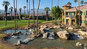 Un resort con piscina, palmeras y campo de golf.