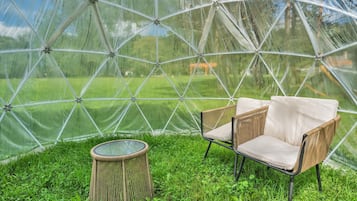 A transparent geodesic dome structure with a grassy interior, two wicker chairs, and a small round table.