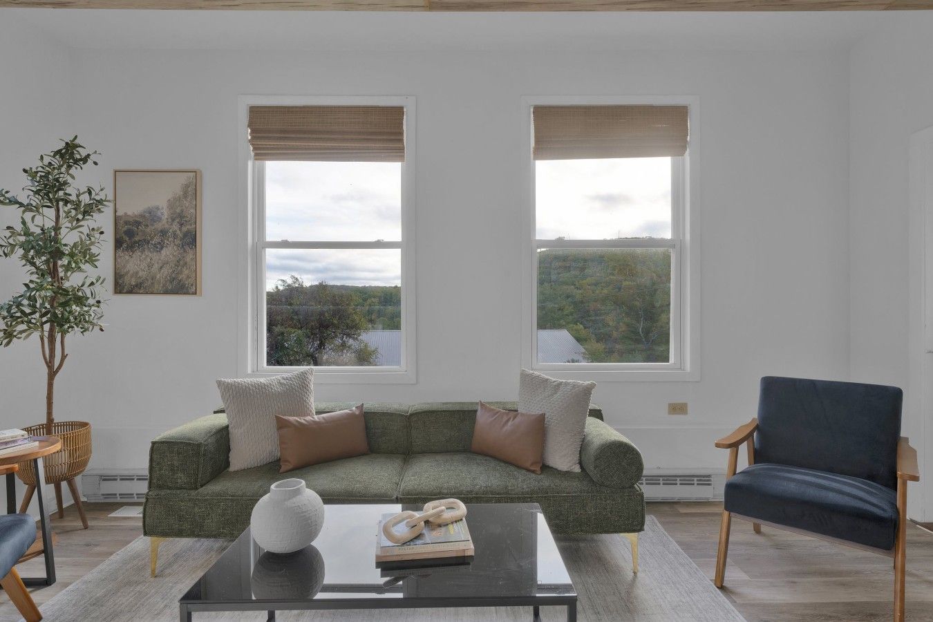 Un salon avec un canapé vert, un fauteuil bleu, une table basse avec des livres et un vase, et deux fenêtres donnant sur des arbres et un lac.